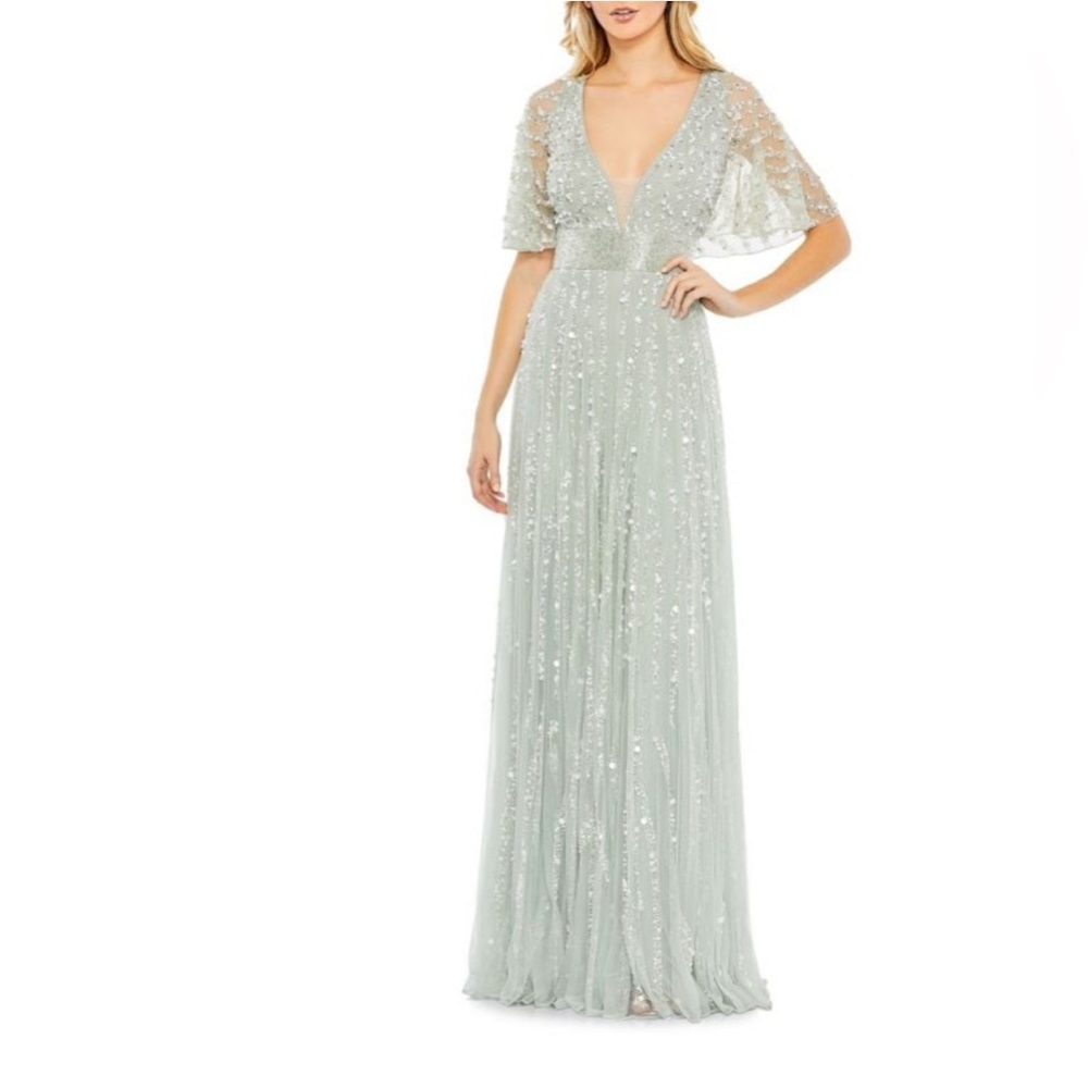 Mac Duggal Beaded Cape Column Gown, Sage Green Maxi Dress with Silver Accents